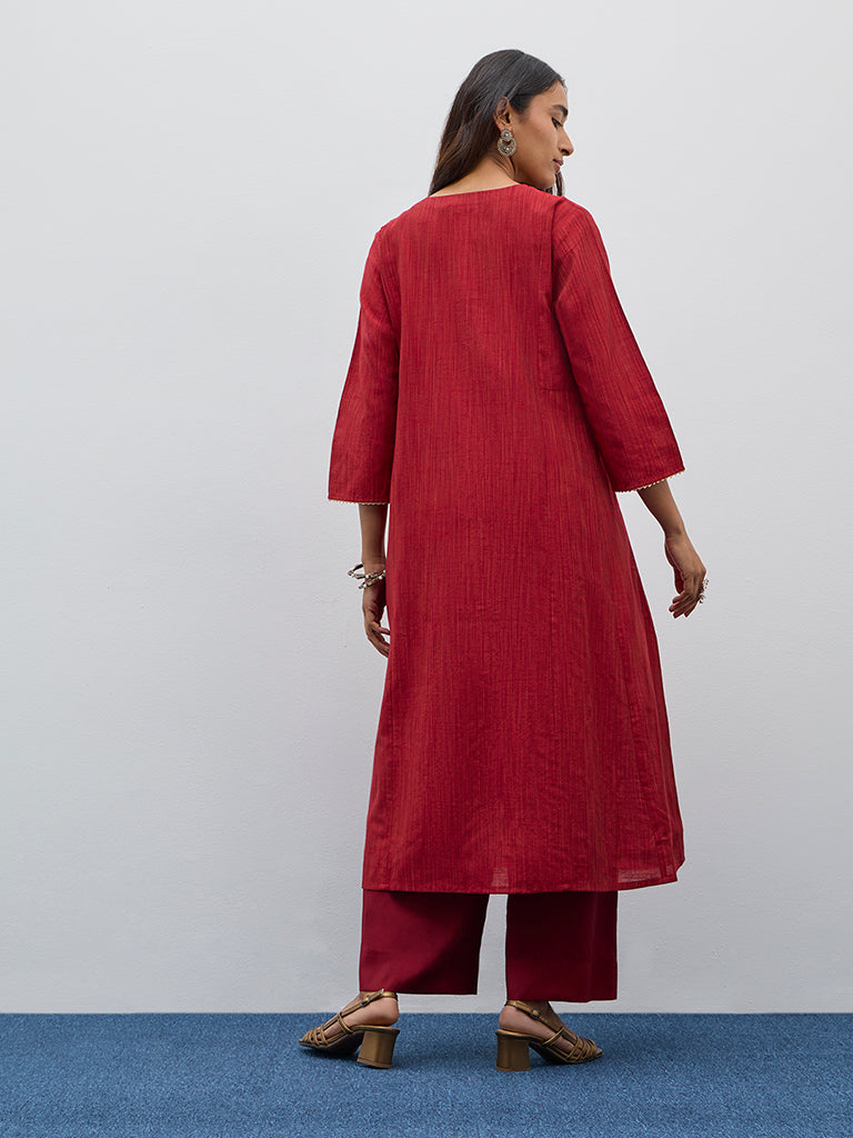 Utsa Red Zari Embroidered A-Line Kurta