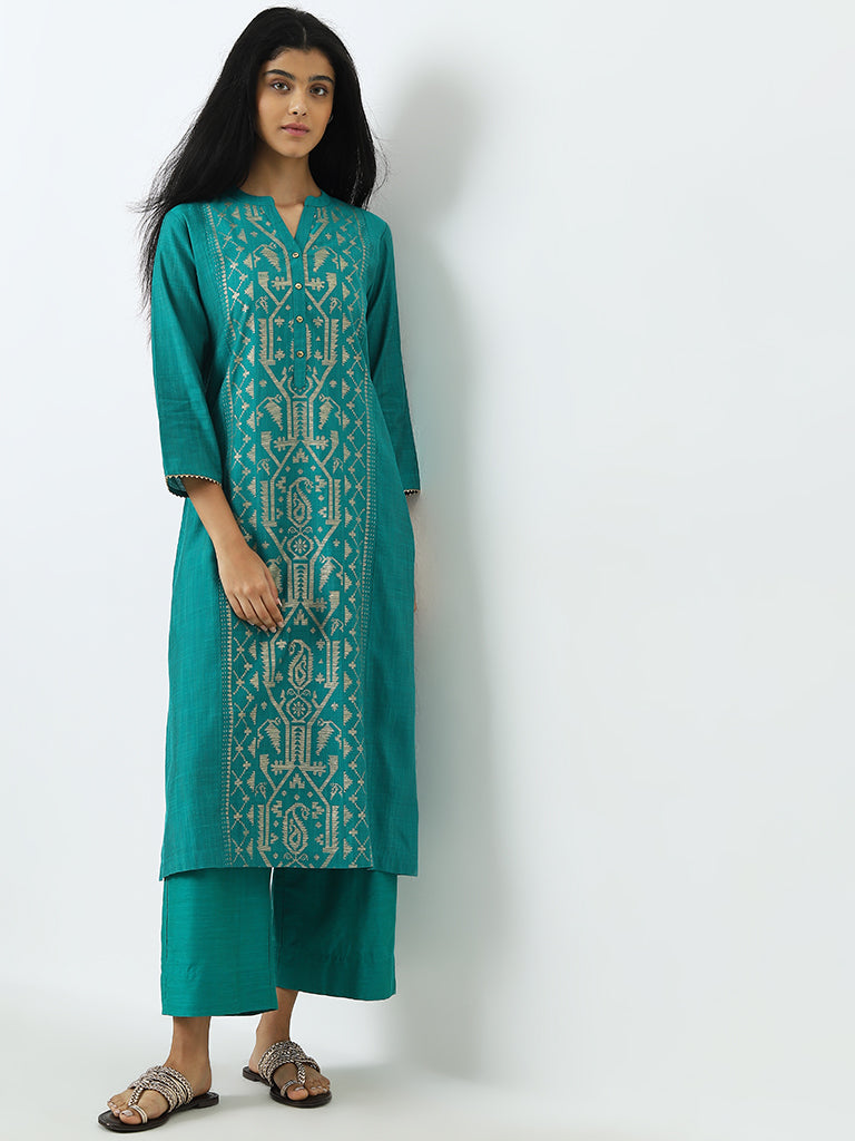 Utsa Teal Jamdani Printed A-Line Kurta