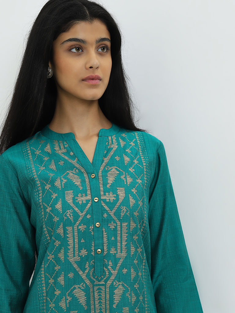 Utsa Teal Jamdani Printed A-Line Kurta