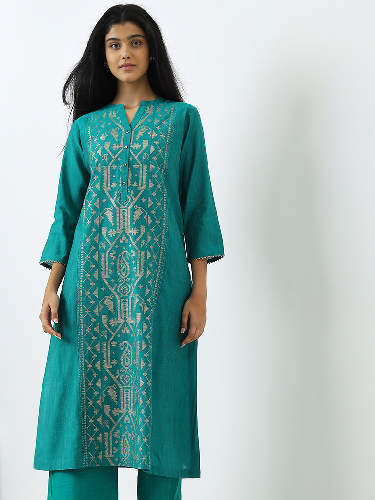 Utsa Teal Jamdani Printed A-Line Kurta