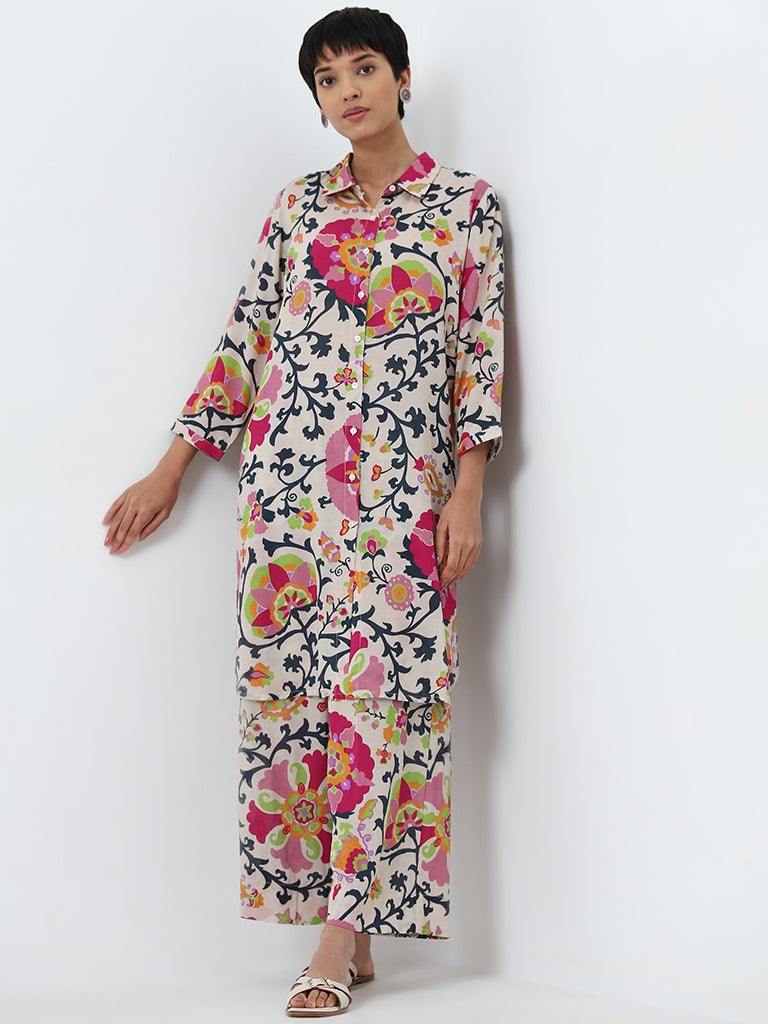 Utsa Beige Floral Design Straight Kurta