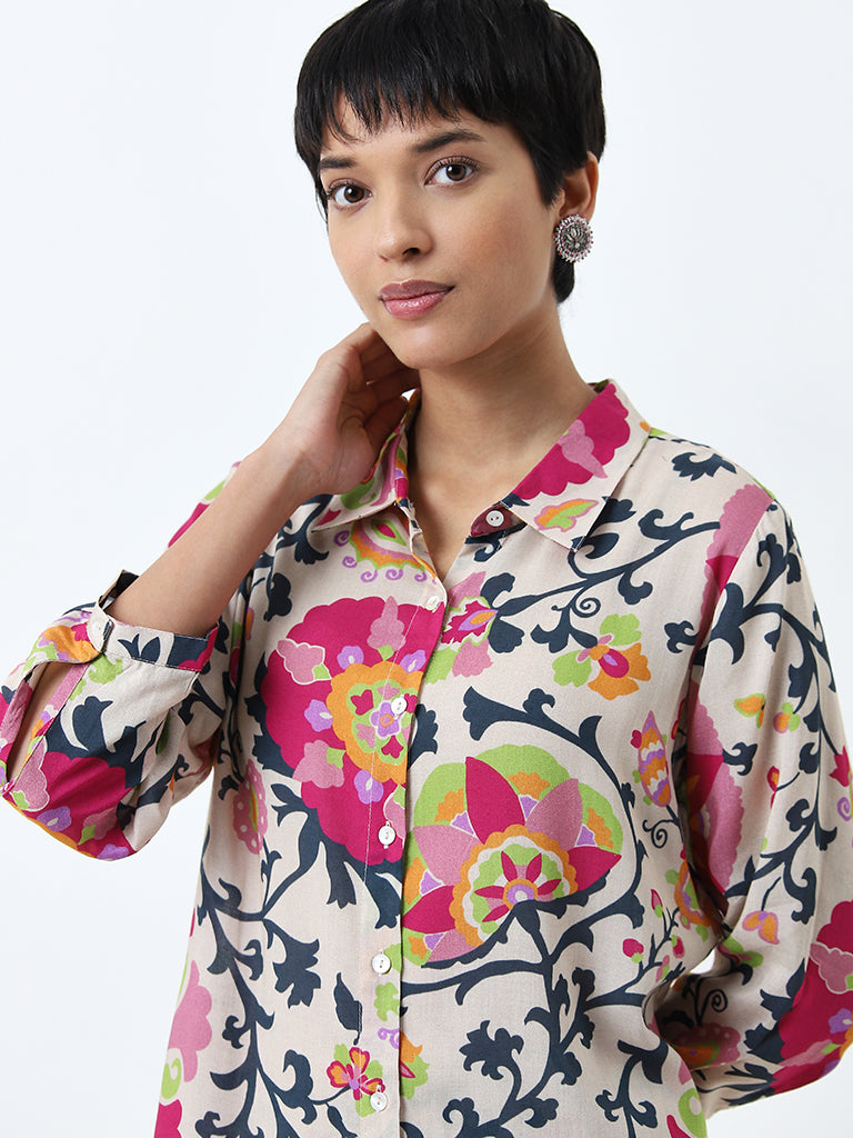 Utsa Beige Floral Design Straight Kurta