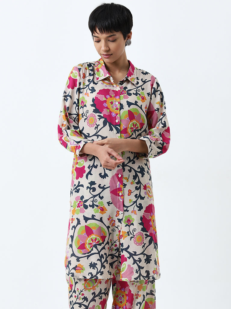 Utsa Beige Floral Design Straight Kurta