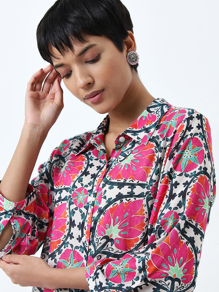 Utsa Pink Leaf Patterned Straight Kurta