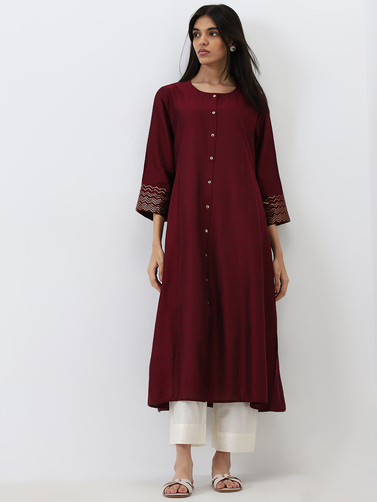 Utsa Burgundy Solid A-Line Kurta