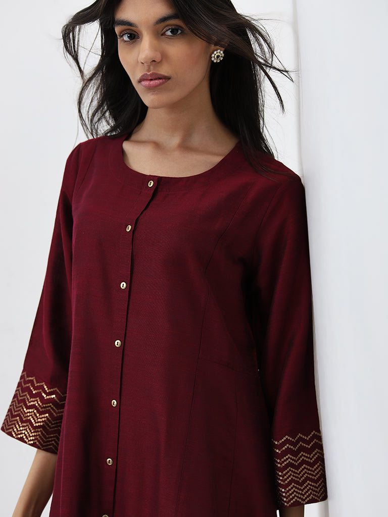 Utsa Burgundy Solid A-Line Kurta