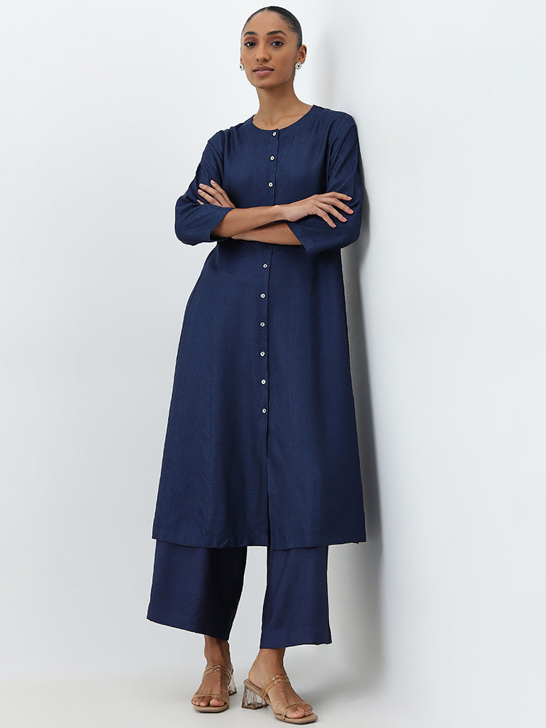 Zuba Indigo Self-Striped Cotton Blend A-Line Kurta