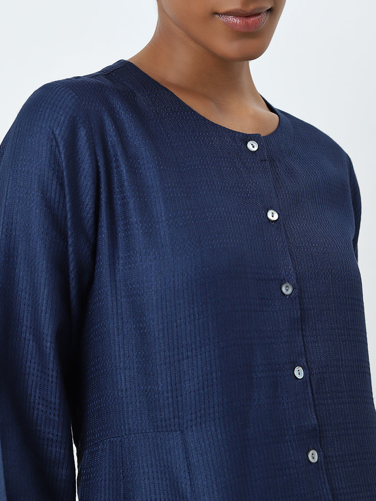 Zuba Indigo Self-Striped Cotton Blend A-Line Kurta