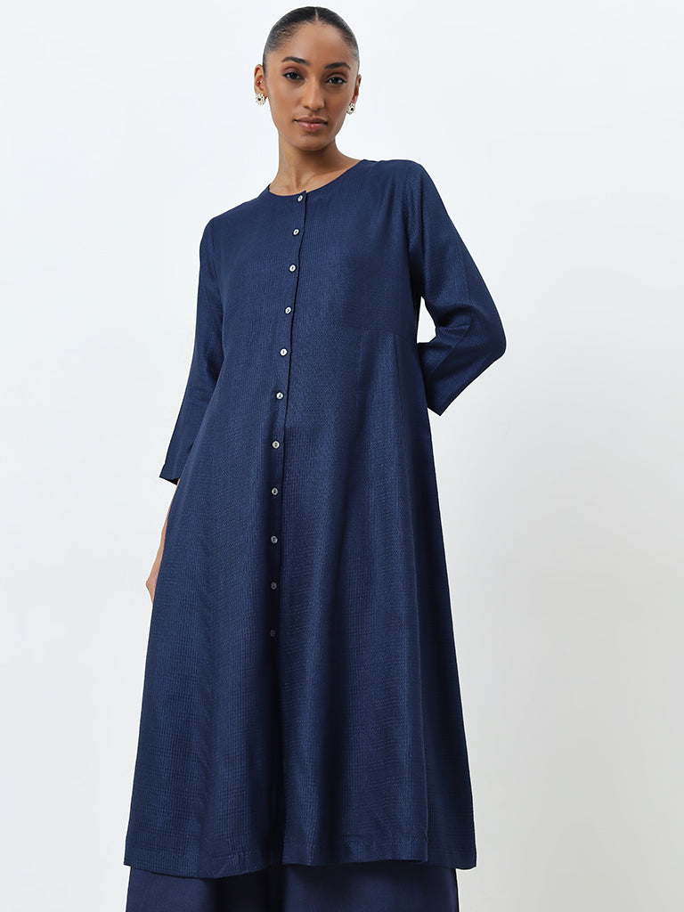 Zuba Indigo Self-Striped Cotton Blend A-Line Kurta