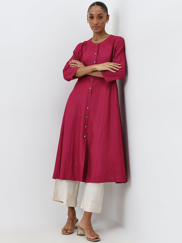 Zuba Pink Self-Patterned A-Line Kurta