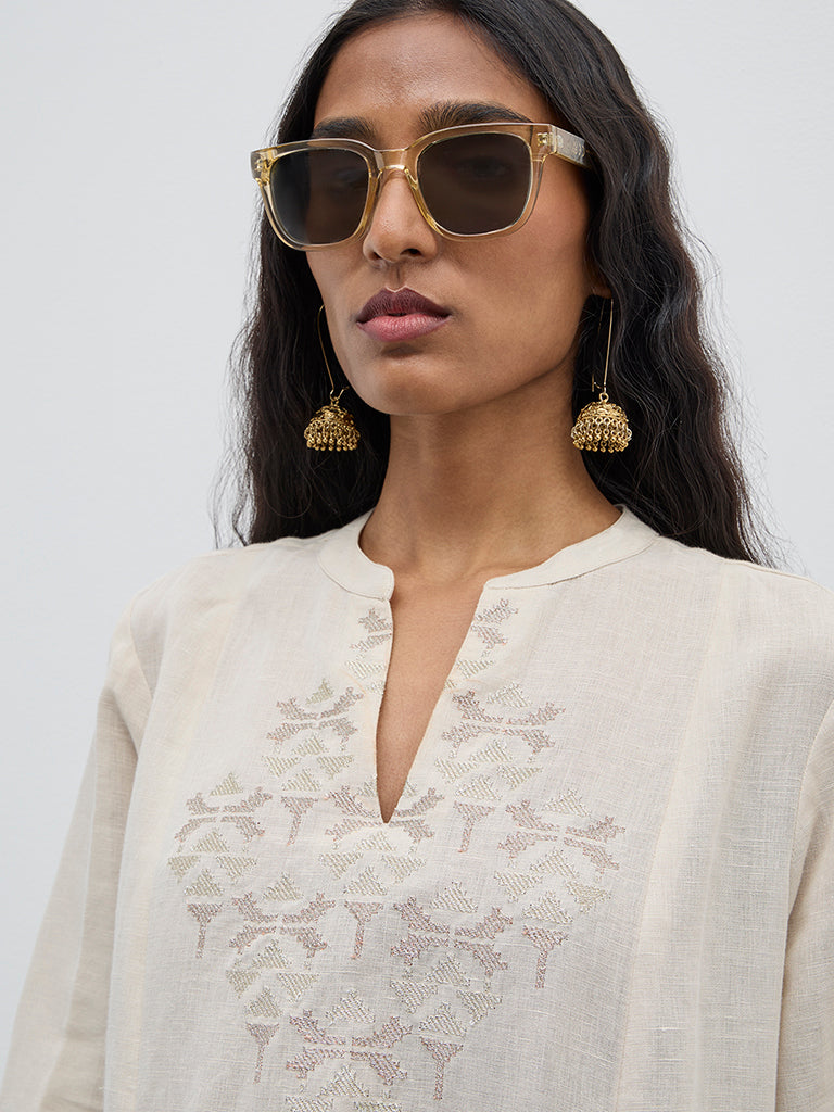 Zuba Beige Zari Embroidered A-Line Kurta