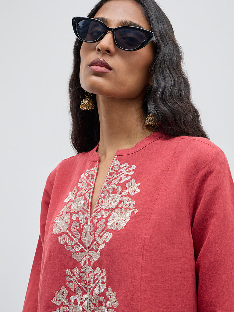 Zuba Red Zari Embroidered A-Line Kurta