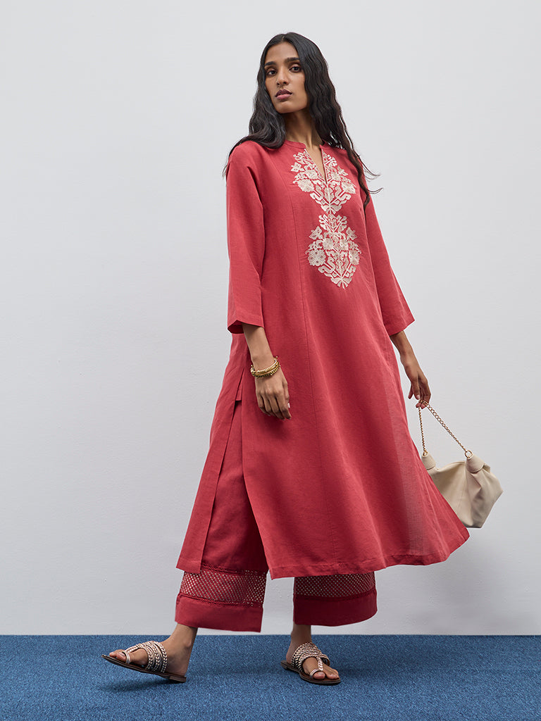 Zuba Red Zari Embroidered A-Line Kurta