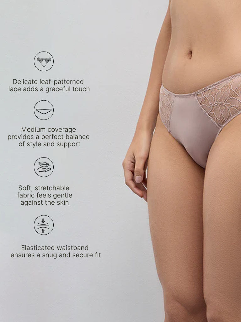 Wunderlove Beige Leaf Design Lace Brief