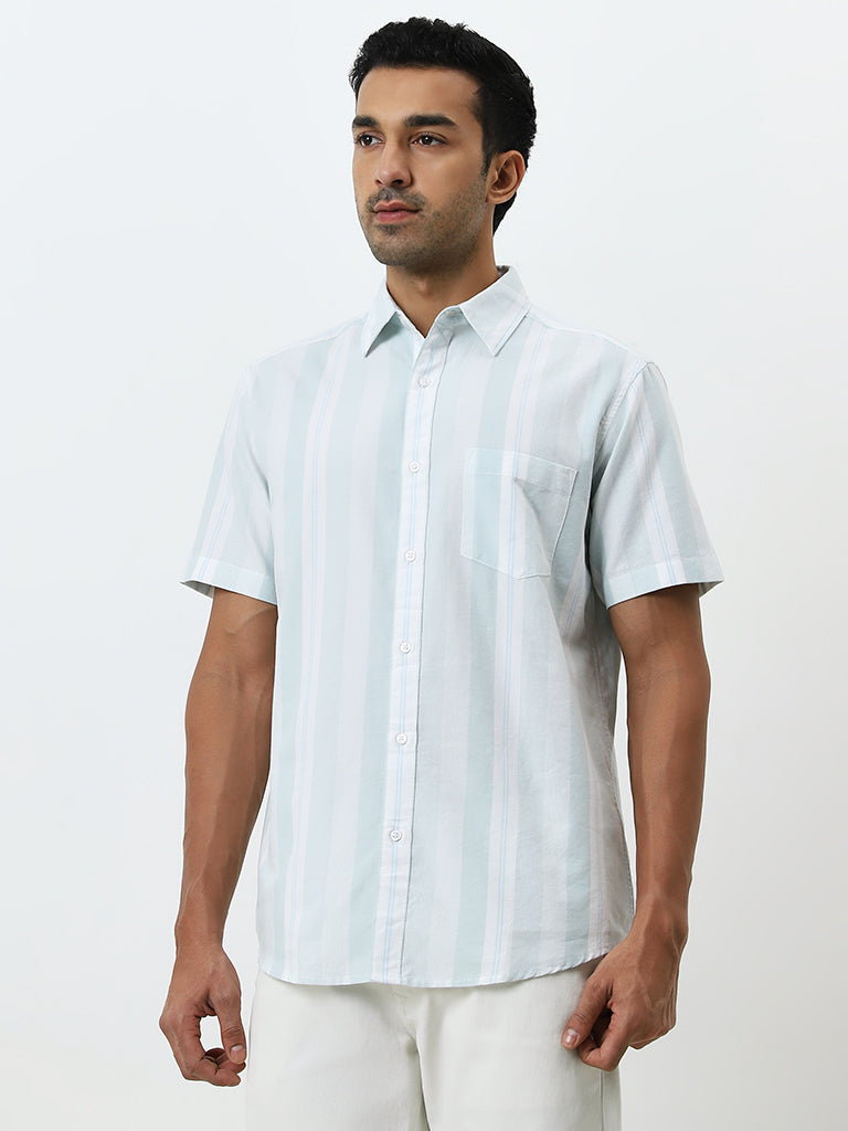 WES Casuals Light Blue Striped Relaxed-Fit Cotton Shirt