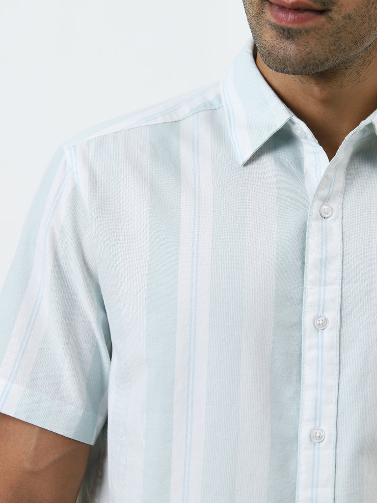 WES Casuals Light Blue Striped Relaxed-Fit Cotton Shirt