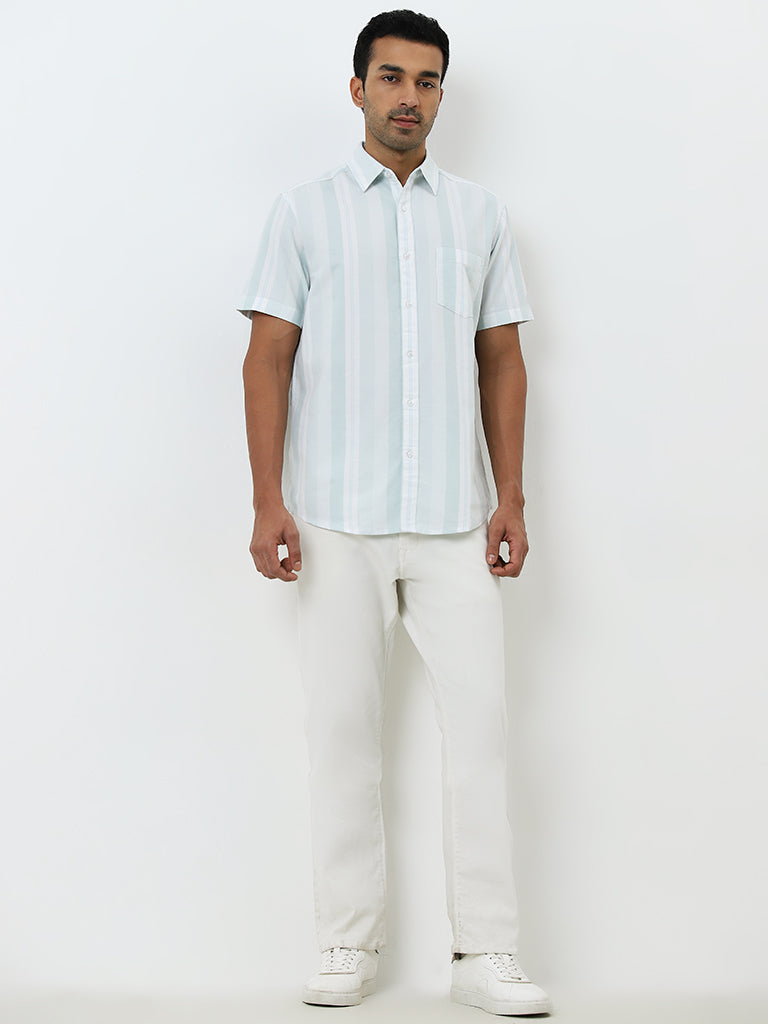 WES Casuals Light Blue Striped Relaxed-Fit Cotton Shirt