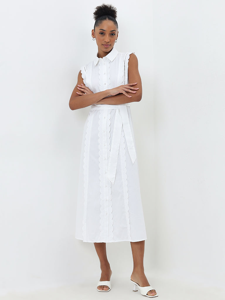 Wardrobe White Scallop-Design A-Line Cotton Dress with Belt