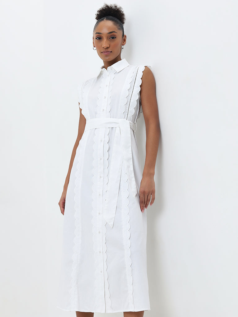 Wardrobe White Scallop-Design A-Line Cotton Dress with Belt