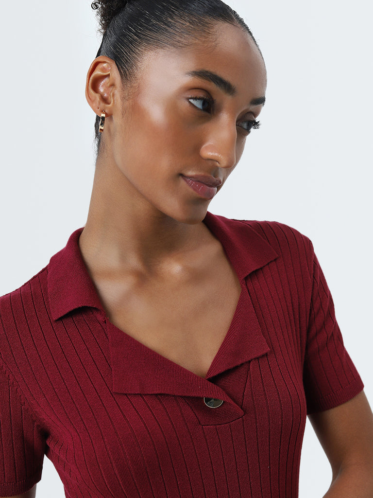 Wardrobe Maroon Ribbed Textured Top