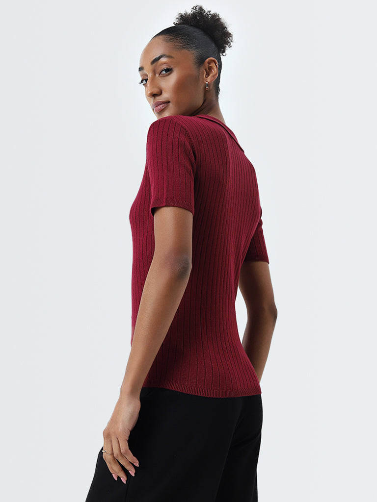 Wardrobe Maroon Ribbed Textured Top