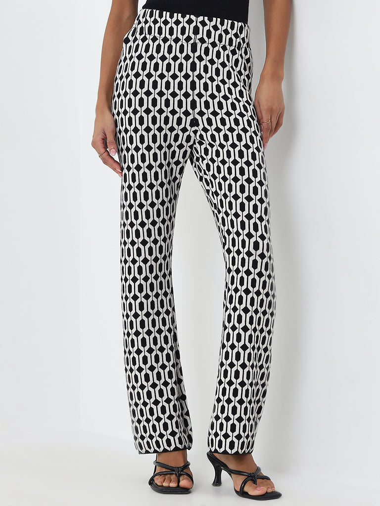 Wardrobe Black Geometric High-Rise Cotton Trousers