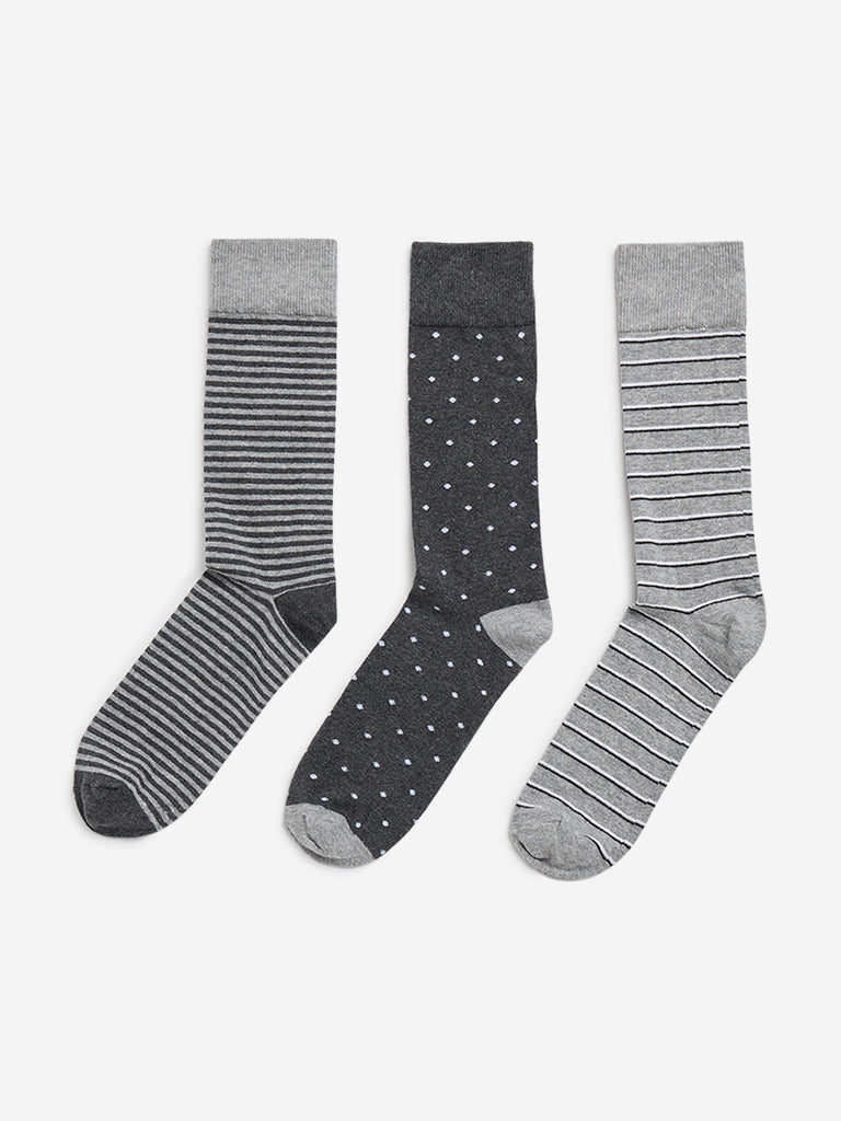 WES Lounge Grey Striped Full Length Socks - Pack of 3