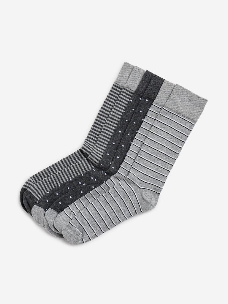 WES Lounge Grey Striped Full Length Socks - Pack of 3