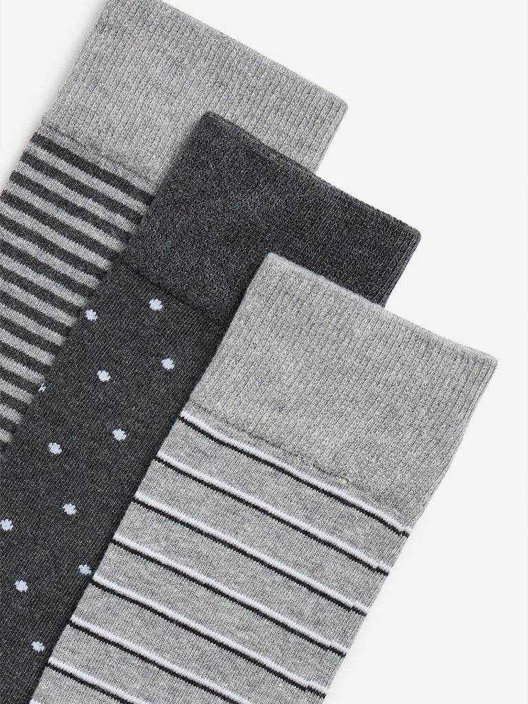 WES Lounge Grey Striped Full Length Socks - Pack of 3