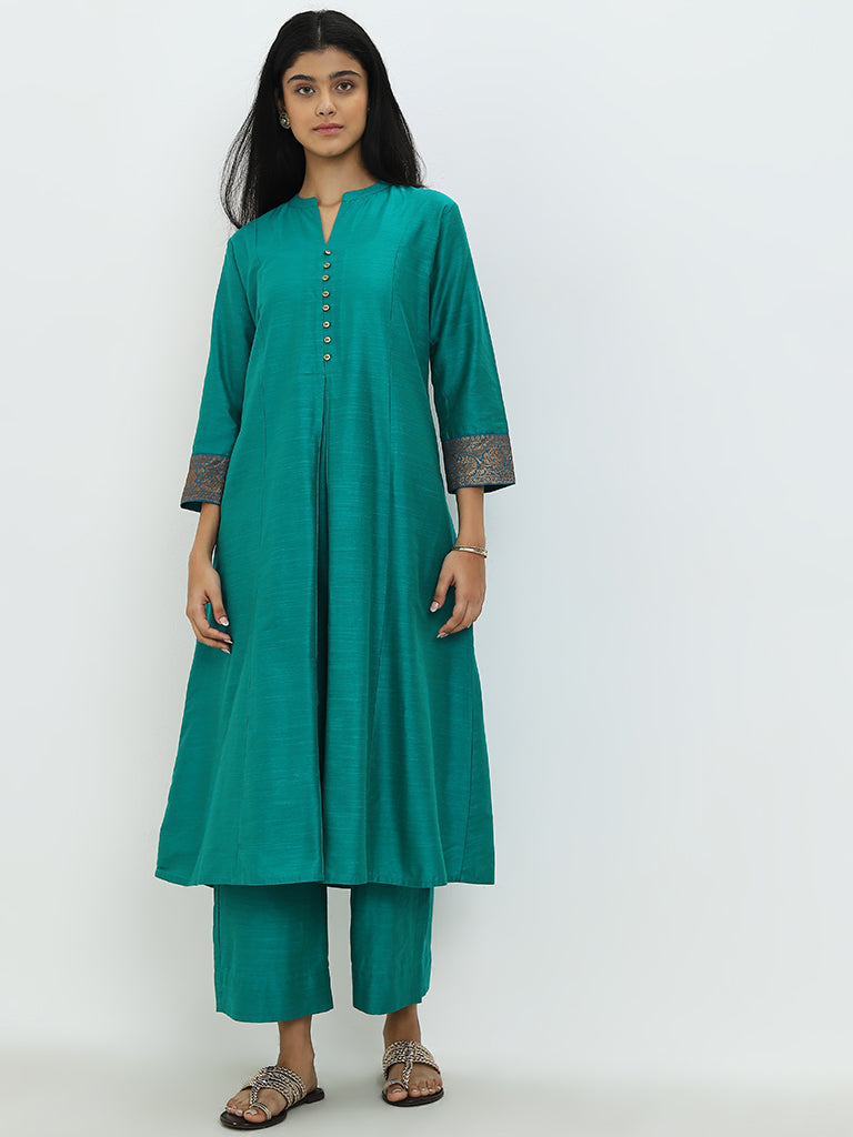 Utsa Teal Pleated and Printed A-Line Kurta