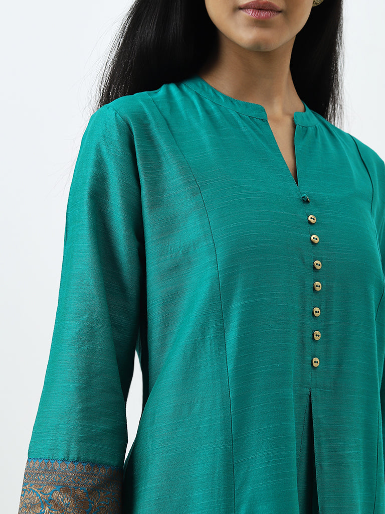 Utsa Teal Pleated and Printed A-Line Kurta