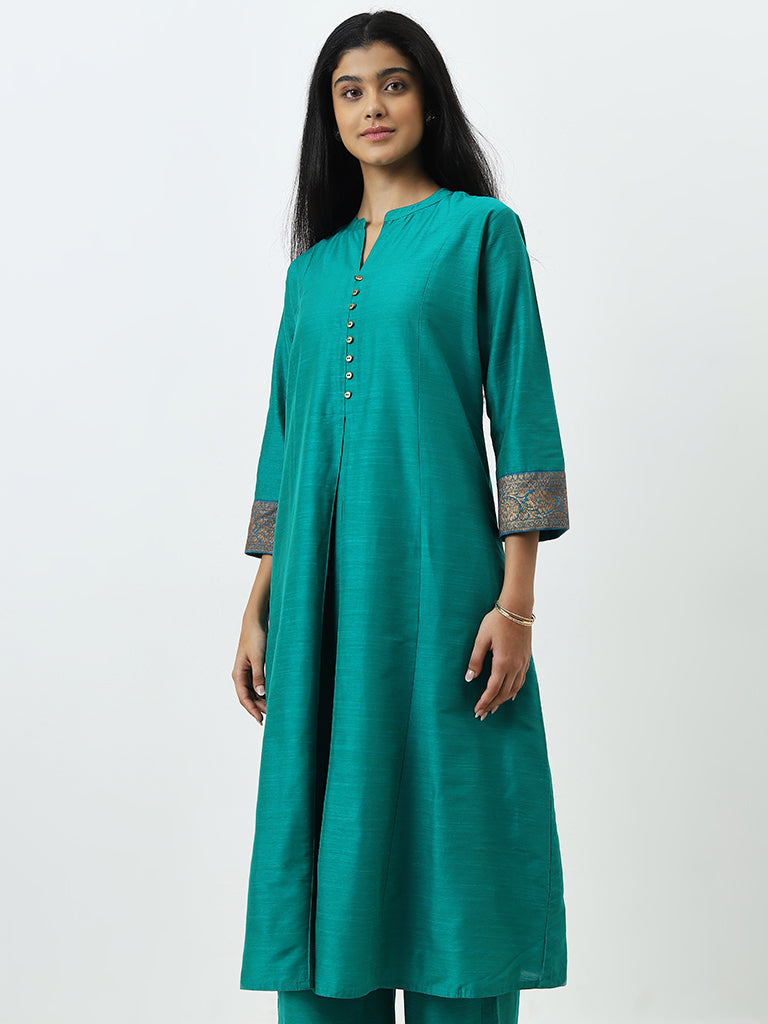 Utsa Teal Pleated and Printed A-Line Kurta