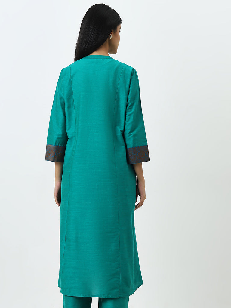 Utsa Teal Pleated and Printed A-Line Kurta