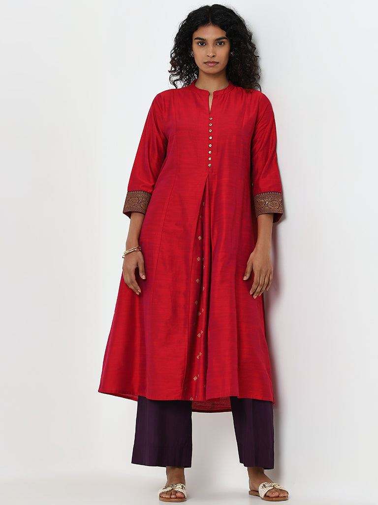 Utsa Red Badla Printed A-Line Kurta