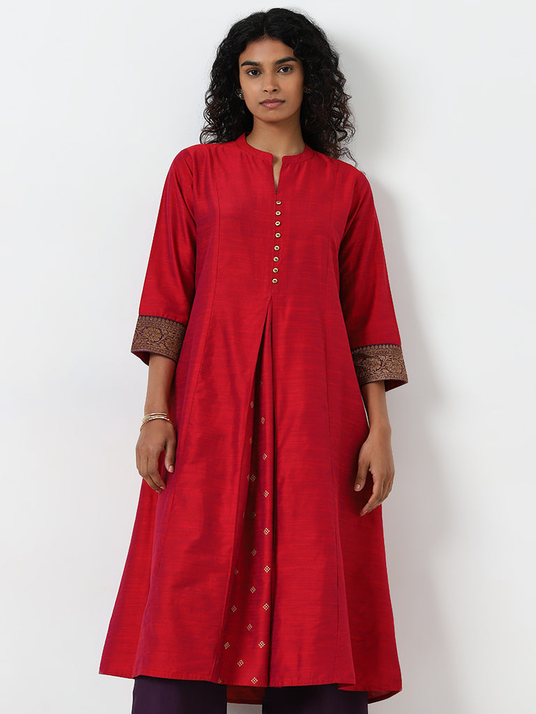 Utsa Red Badla Printed A-Line Kurta