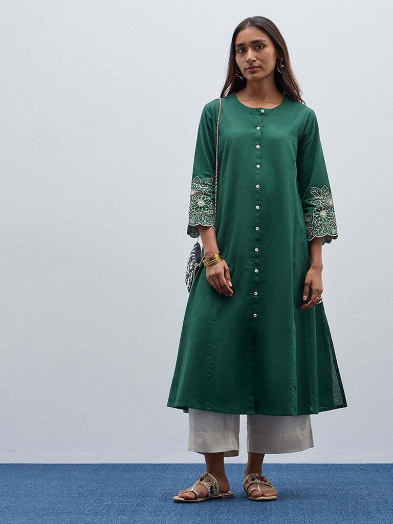 Utsa Dark Green Embroidered A-Line Cotton Blend Kurta