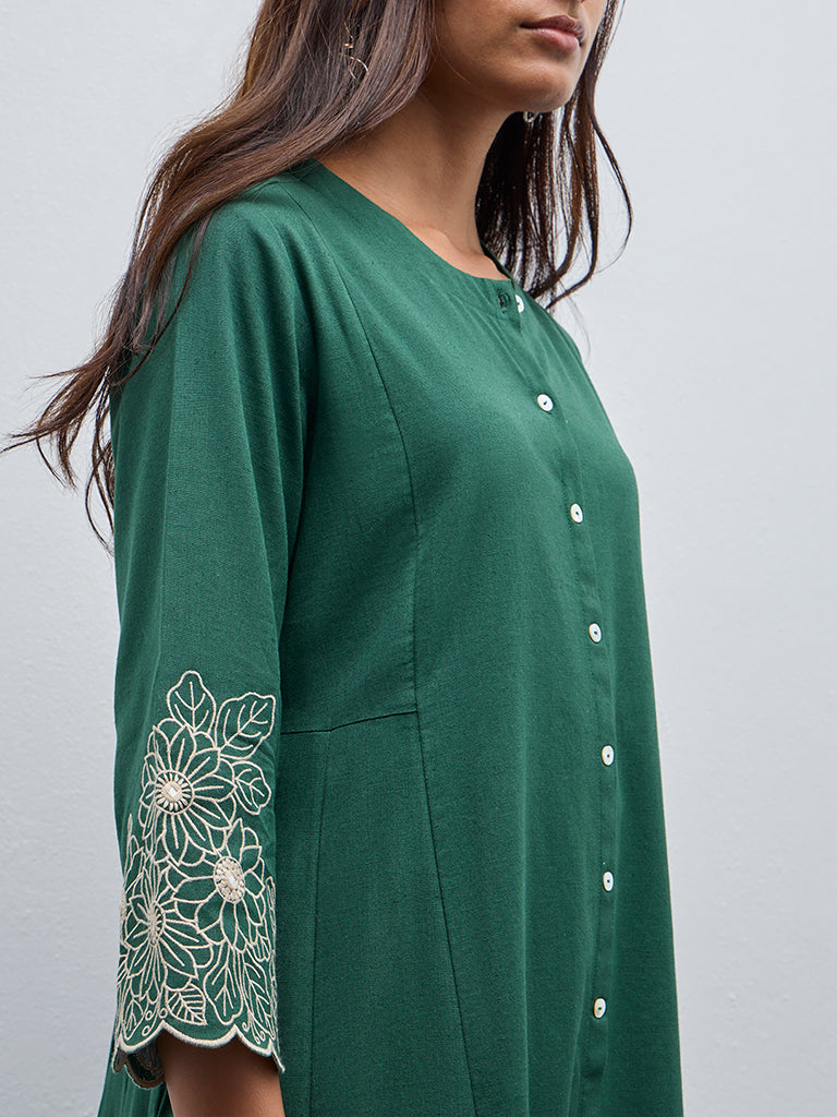 Utsa Dark Green Embroidered A-Line Cotton Blend Kurta