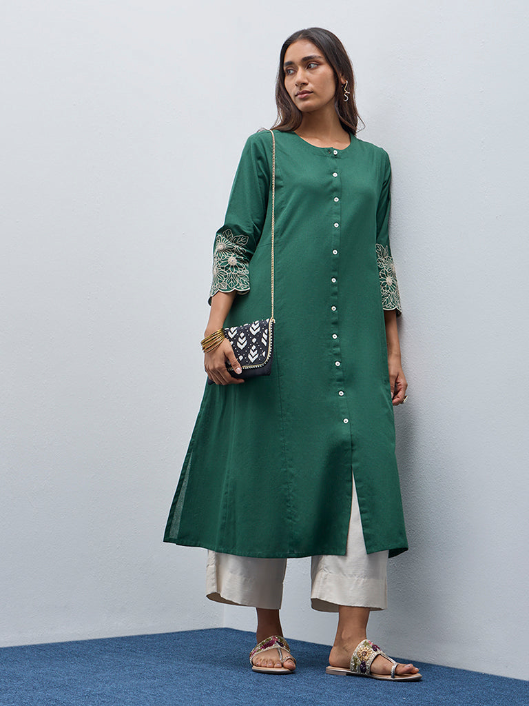 Utsa Dark Green Embroidered A-Line Cotton Blend Kurta