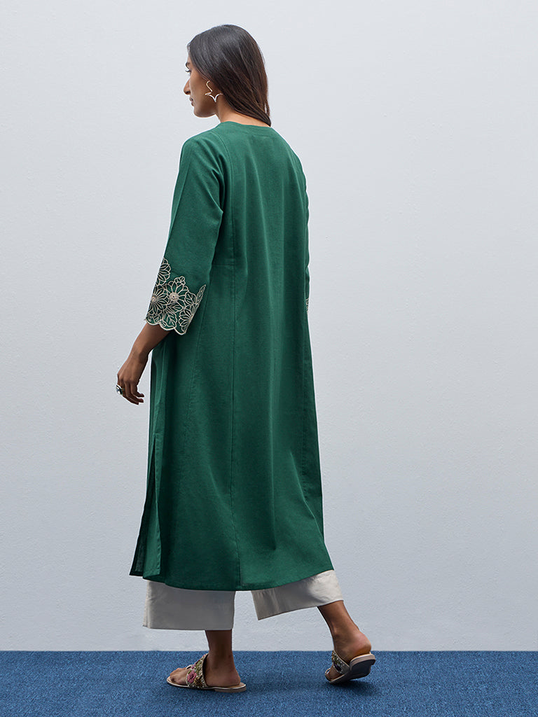 Utsa Dark Green Embroidered A-Line Cotton Blend Kurta