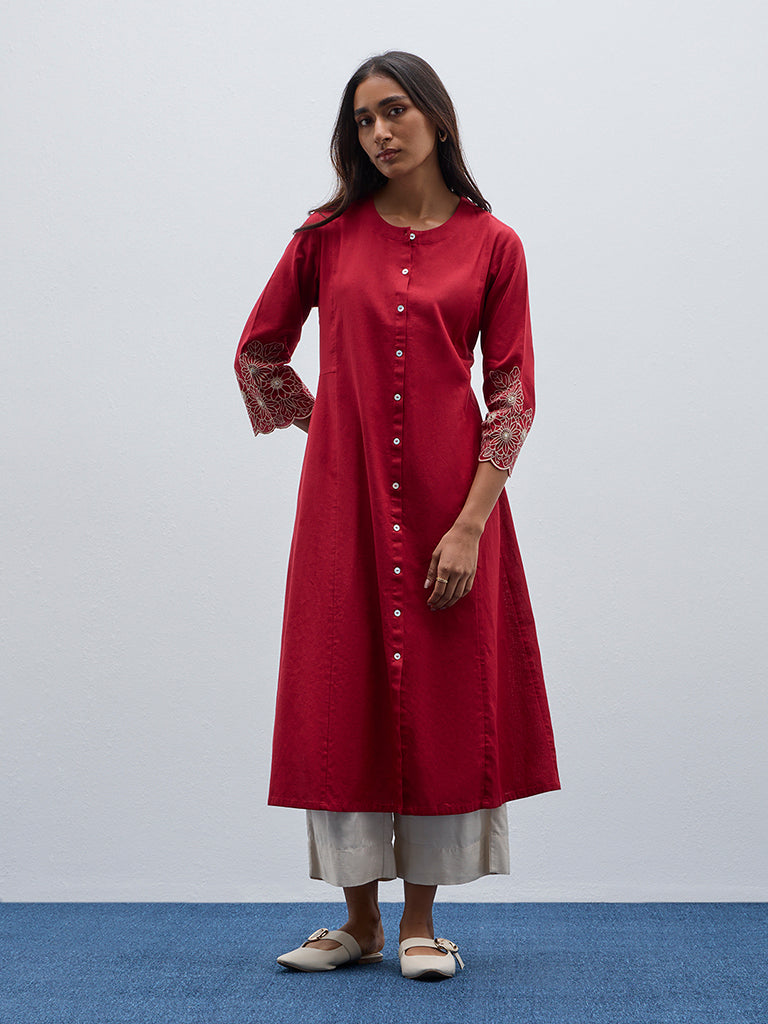 Utsa Maroon Floral Embroidered A-Line Cotton Blend Kurta