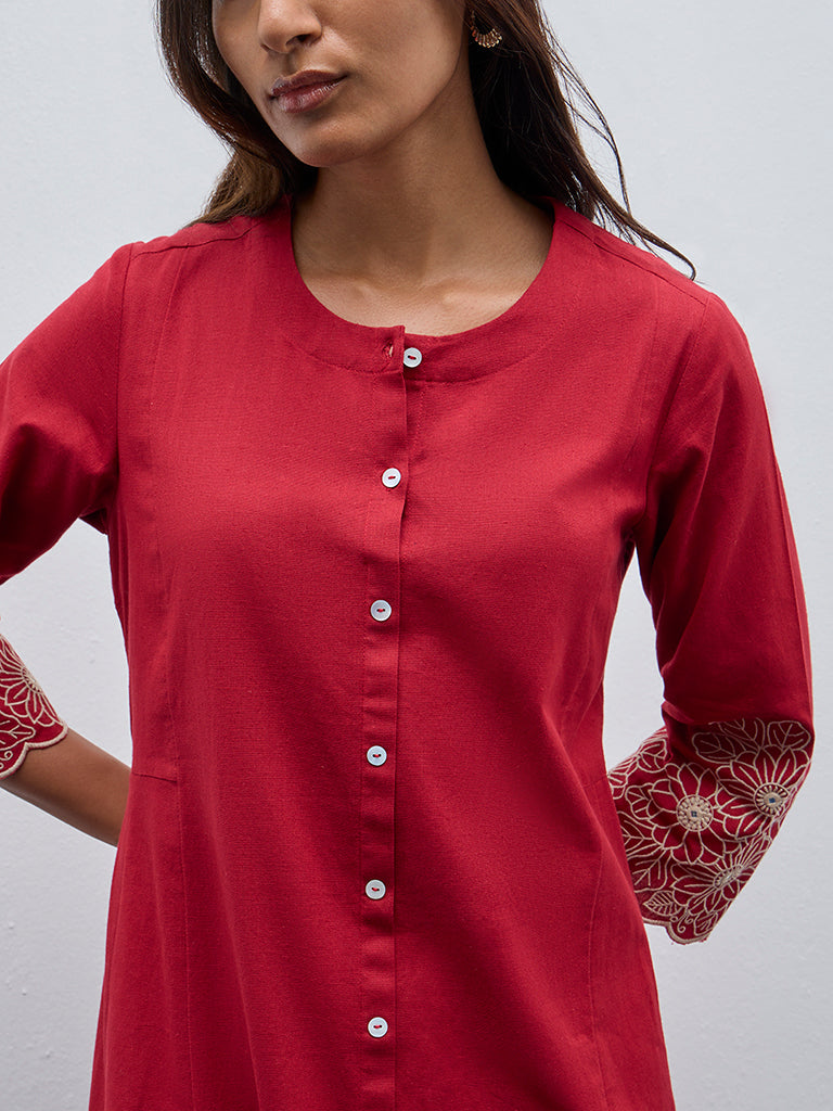 Utsa Maroon Floral Embroidered A-Line Cotton Blend Kurta