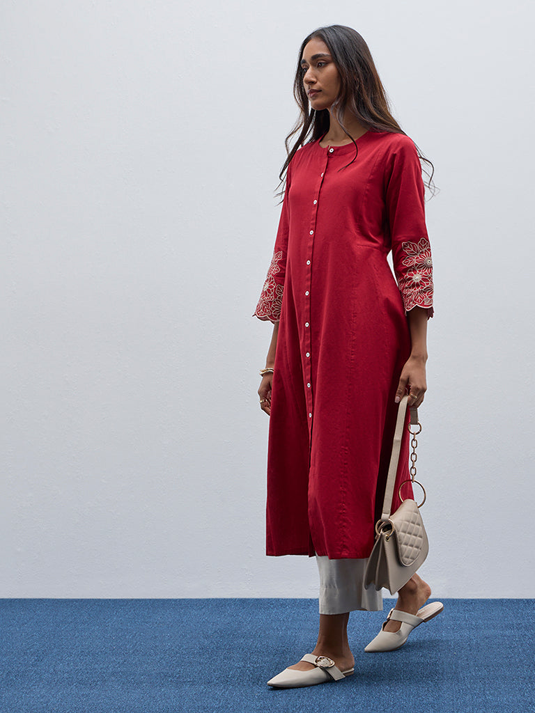 Utsa Maroon Floral Embroidered A-Line Cotton Blend Kurta