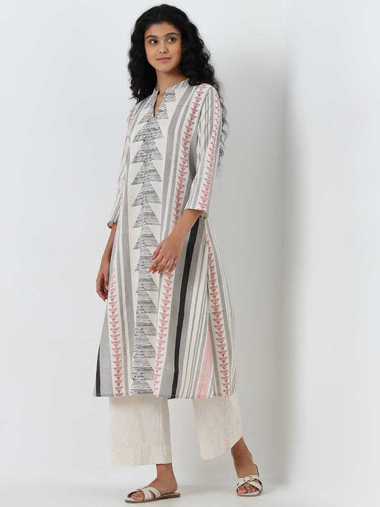 Utsa Grey Printed A-Line Cotton Blend Kurta