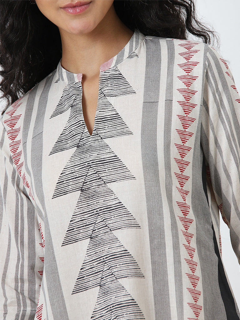 Utsa Grey Printed A-Line Cotton Blend Kurta