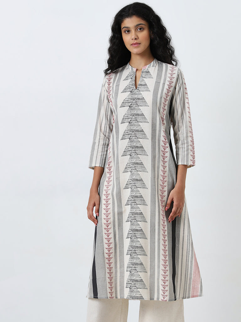 Utsa Grey Printed A-Line Cotton Blend Kurta