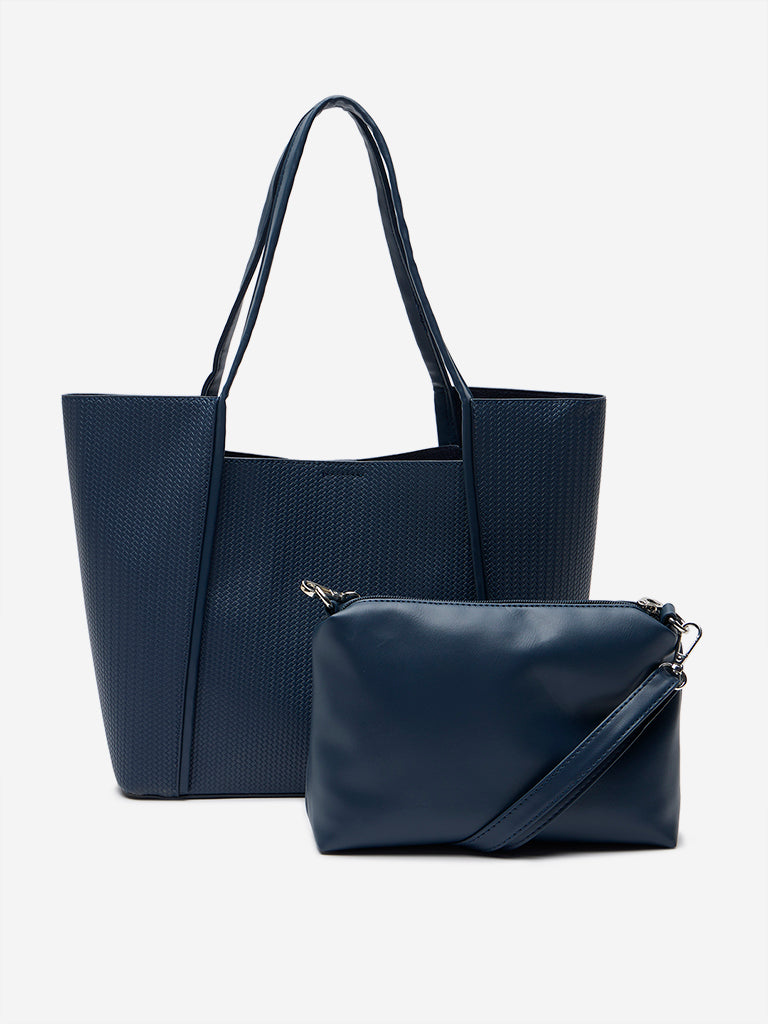 Westside Navy Textured Tote Bag with Pouch