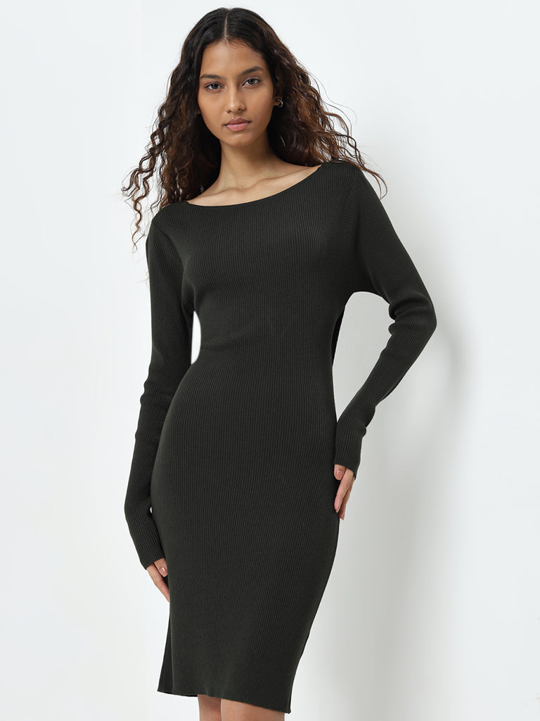 Nuon Olive Ribbed Textured Bodycon Dress