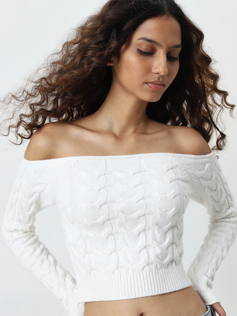 Nuon Off-White Patterned Off-Shoulder Sweater