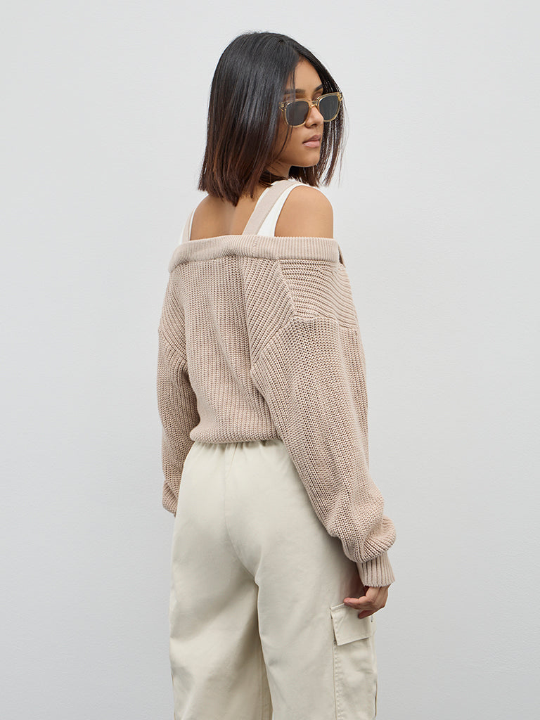 Nuon Beige Knit-Textured Cotton Blend Cardigan