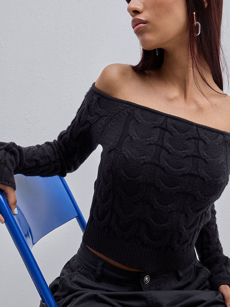 Nuon Black Textured Off-Shoulder Sweater